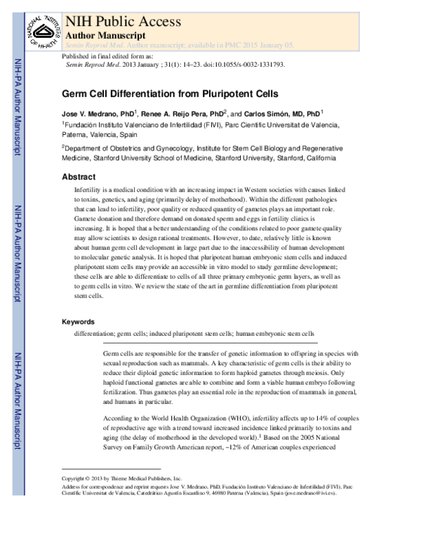 (PDF) Germ Cell Differentiation from Pluripotent Cells