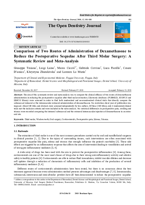 (PDF) Comparison of Two Routes of Administration of Dexamethasone to ...