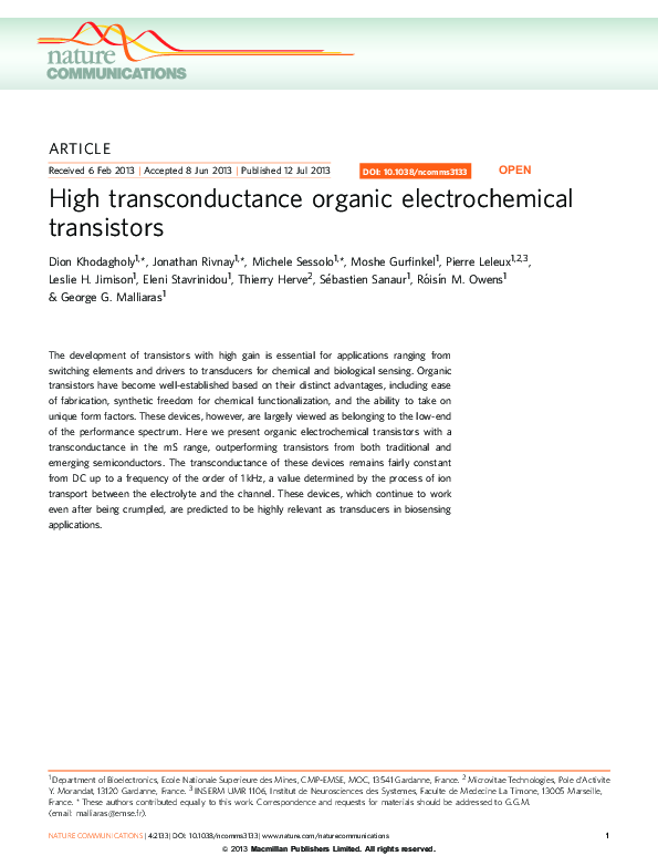 (PDF) High transconductance organic electrochemical transistors