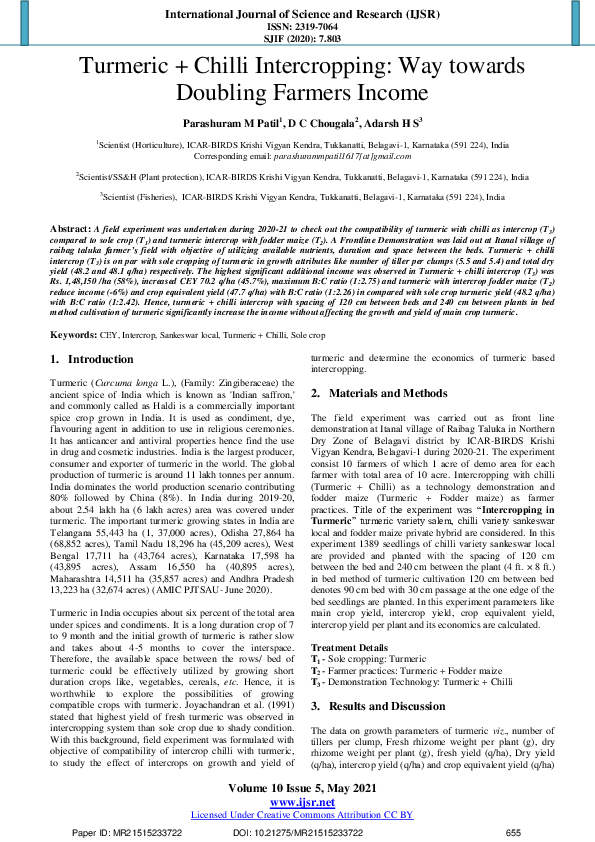 (PDF) Turmeric + Chilli Intercropping: Way towards Doubling Farmers Income