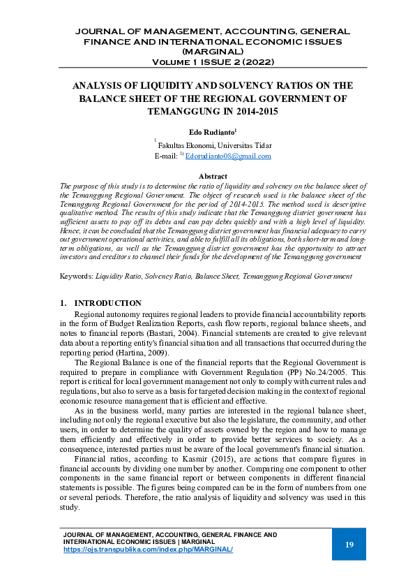 (PDF) Analysis of Liquidity and Solvency Ratios on the Balance Sheet of ...