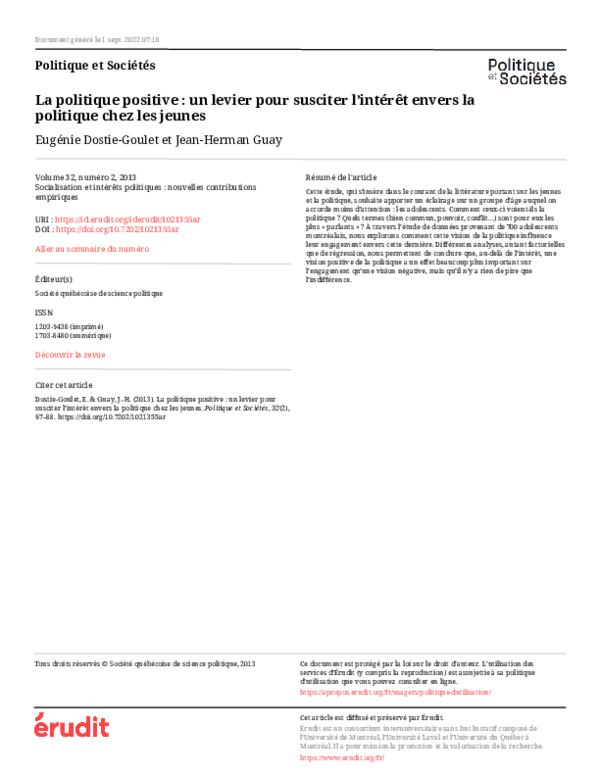 (PDF) La politique positive : un levier pour susciter l’intérêt envers ...