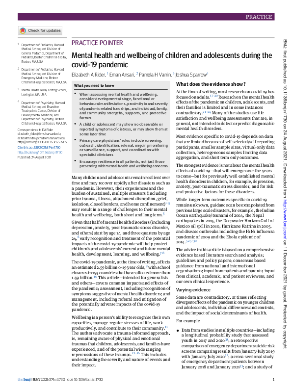 (PDF) Mental health and wellbeing of children and adolescents during ...