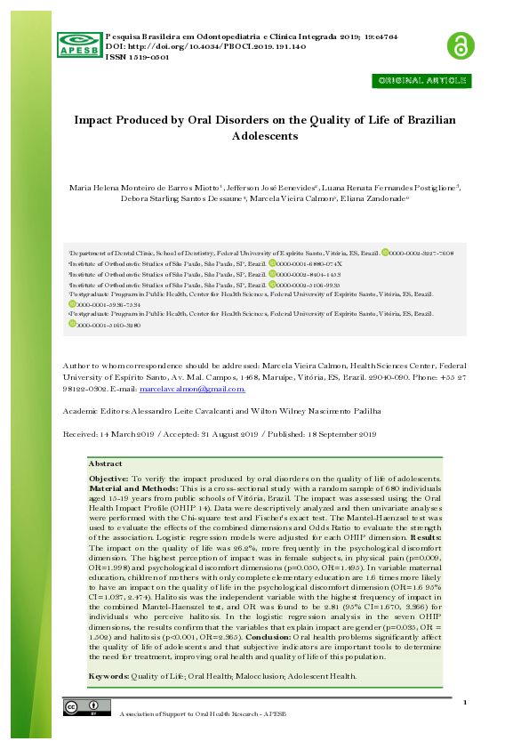 (PDF) Impact Produced by Oral Disorders on the Quality of Life of ...