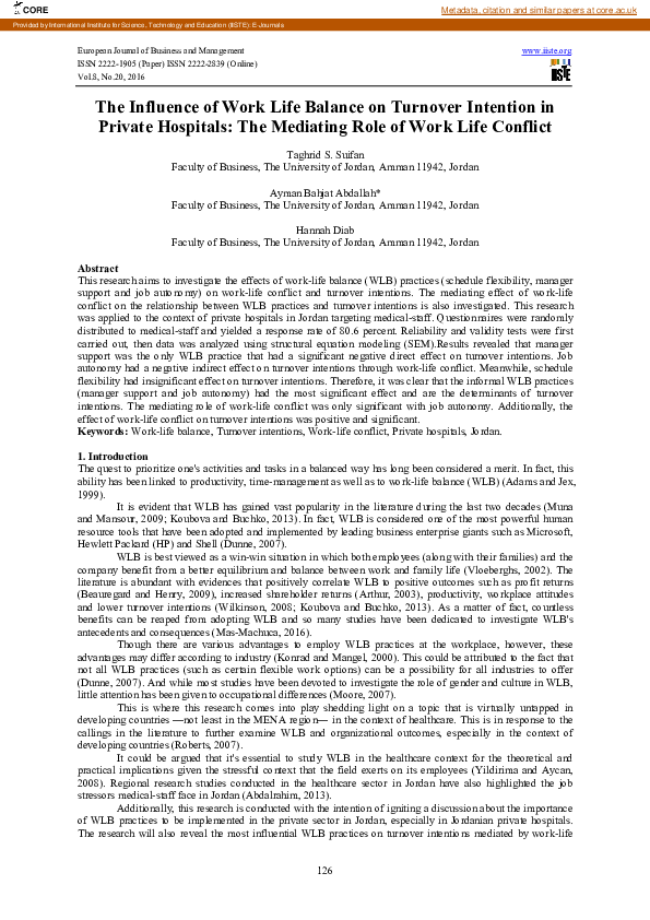 (PDF) The Influence of Work Life Balance on Turnover Intention in ...