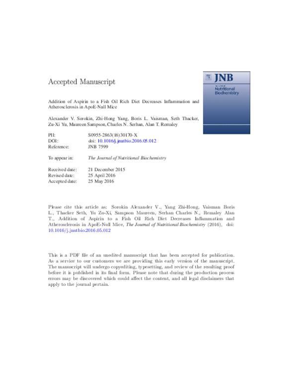(PDF) Addition of aspirin to a fish oilrich diet decreases