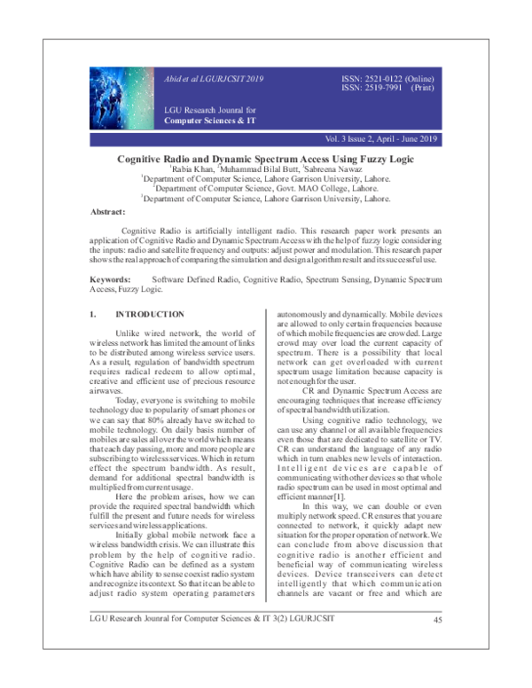 (PDF) Cognitive Radio and Dynamic Spectrum Access Using Fuzzy Logic