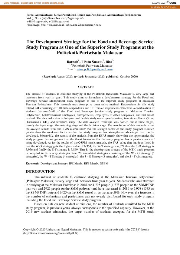 (PDF) The Development Strategy for the Food and Beverage Service Study ...