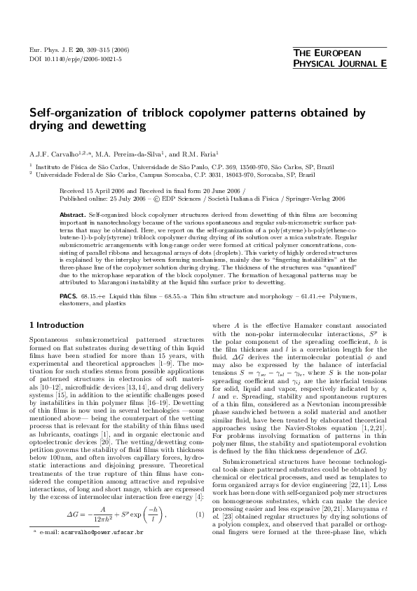 (PDF) Self-organization of triblock copolymer patterns obtained by ...