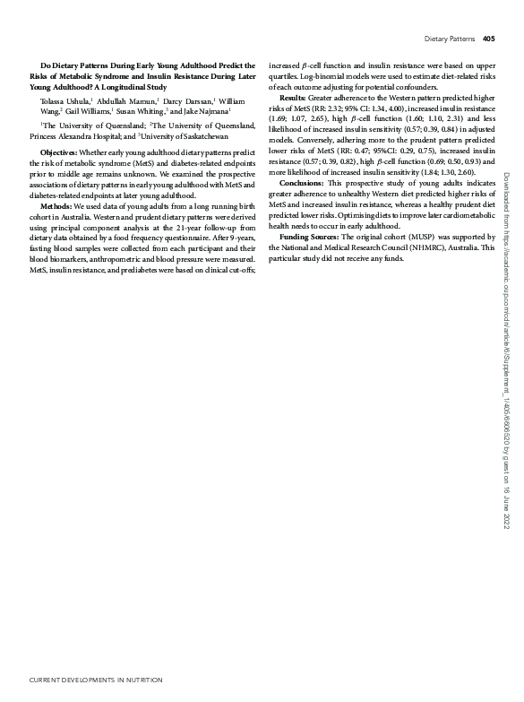 Do Dietary Patterns During Early Young Adulthood Predict the Risks of Metabolic Syndrome and Insulin Resistance During Later Young Adulthood? A Longitudinal Study