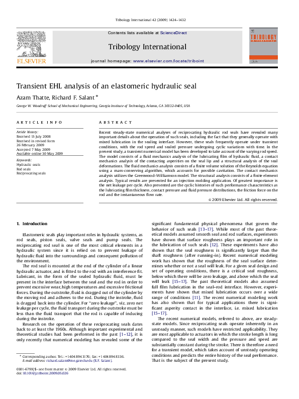 (PDF) Transient EHL analysis of an elastomeric hydraulic seal Azam