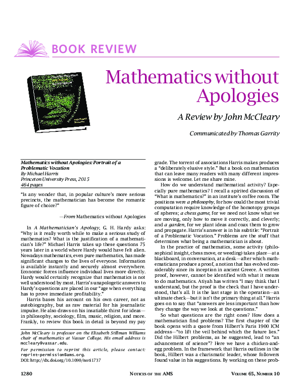 (PDF) Mathematics without Apologies: A Book Review
