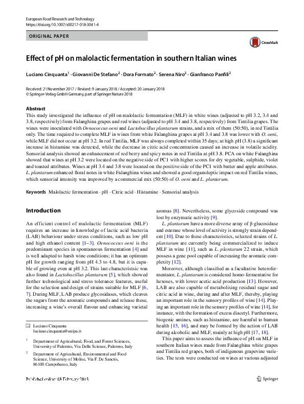 (PDF) Effect of pH on malolactic fermentation in southern Italian wines