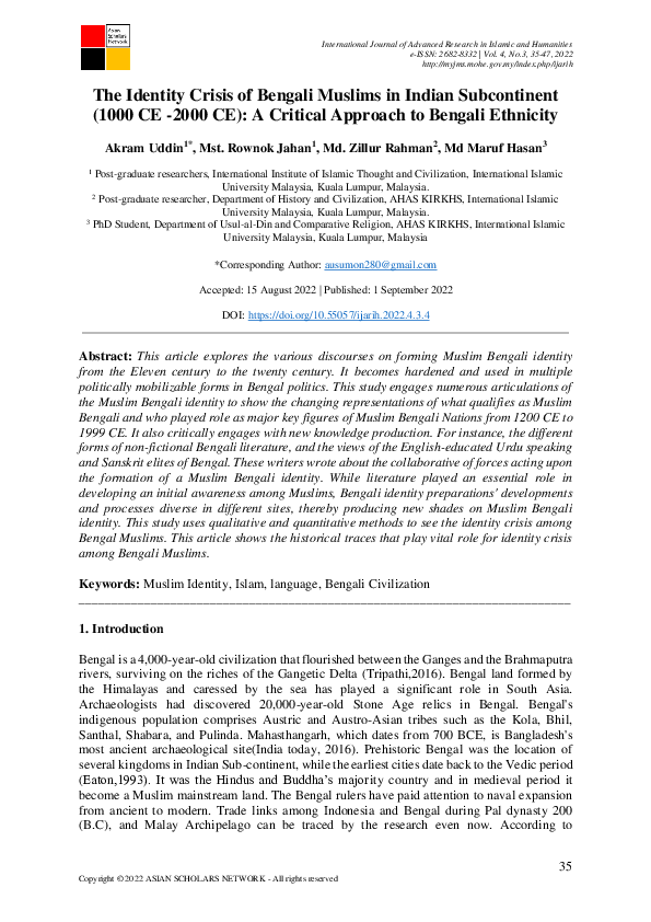 (PDF) The Identity Crisis of Bengali Muslims in Indian Subcontinent
