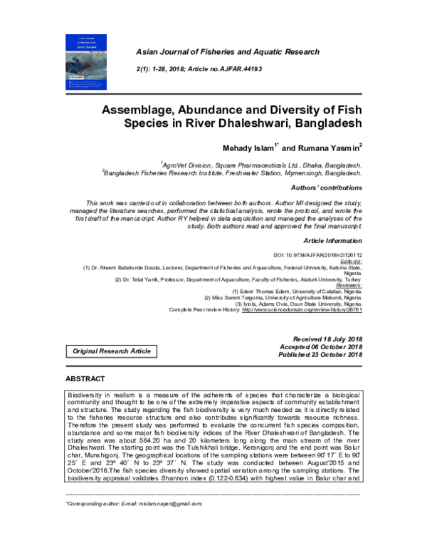 (PDF) Assemblage, Abundance and Diversity of Fish Species in River ...