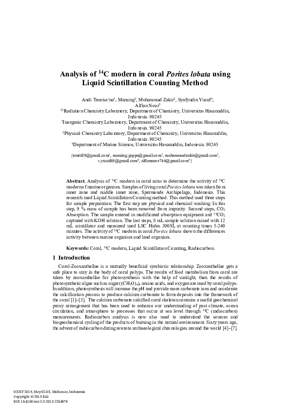 (PDF) Analysis of 14C modern in coral Porites lobata using Liquid