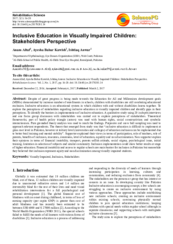 (PDF) Inclusive Education in Visually Impaired Children: Stakeholders ...