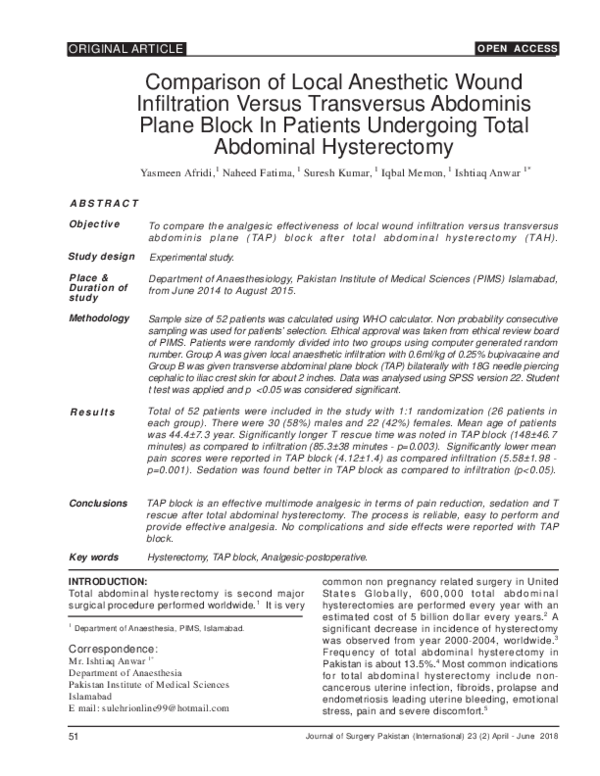 (PDF) Comparison of Local Anesthetic Wound Infiltration Versus