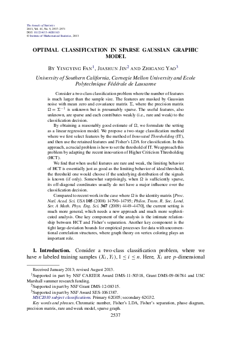 (PDF) Optimal classification in sparse Gaussian graphic model
