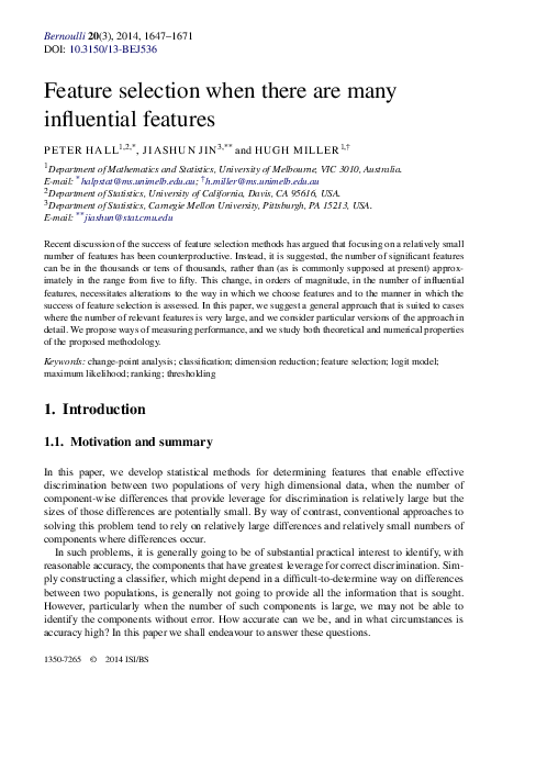 (PDF) Feature selection when there are many influential features