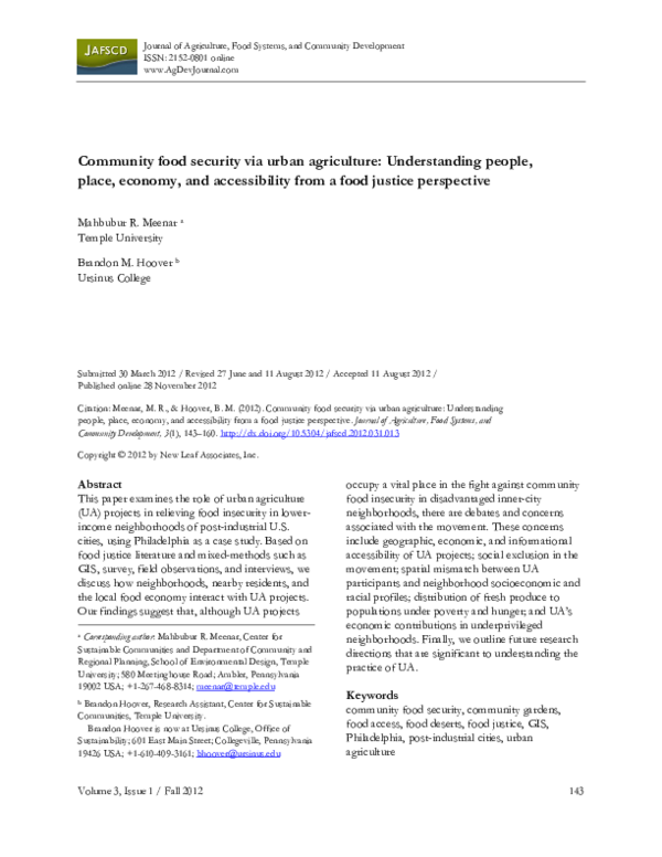 (PDF) Community Food Security via Urban Agriculture: Understanding ...