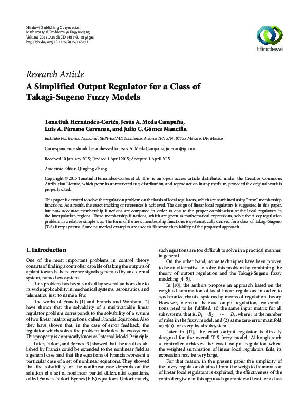 (PDF) A Simplified Output Regulator for a Class of Takagi-Sugeno Fuzzy ...