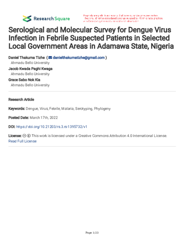(PDF) Serological and Molecular Survey for Dengue Virus Infection in ...