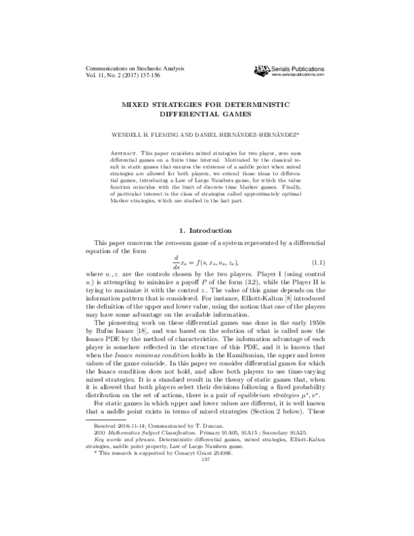(PDF) Mixed Strategies for Deterministic Differential Games