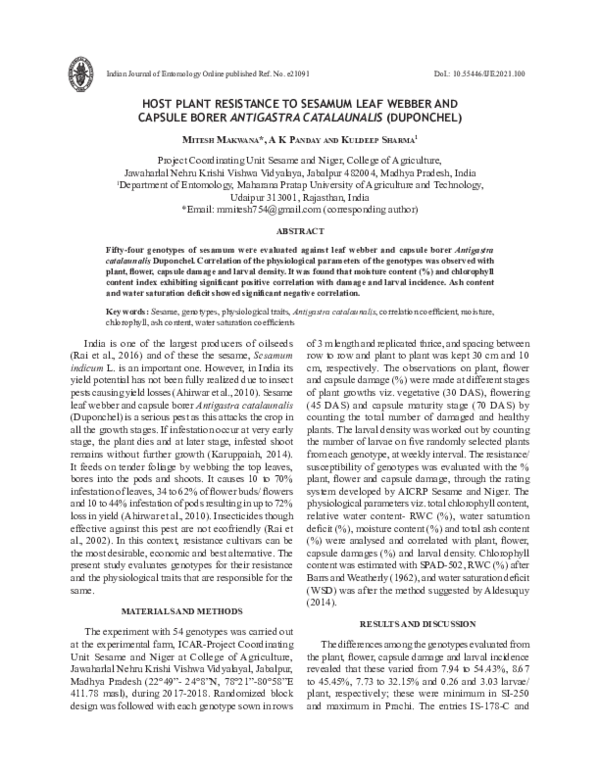 pdf-host-plant-resistance-to-sesamum-leaf-webber-and-capsule-borer
