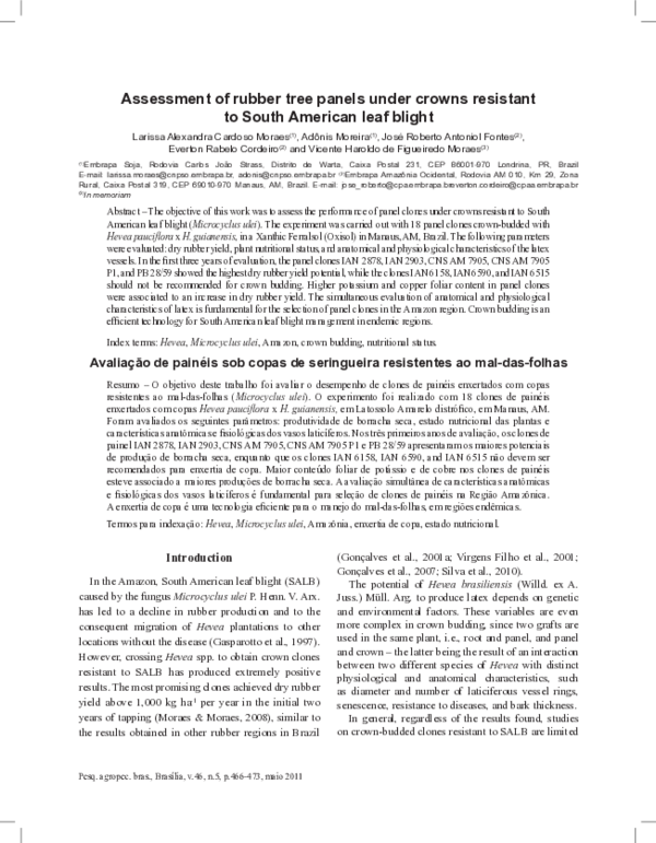 (PDF) Assessment of rubber tree panels under crowns resistant to South ...