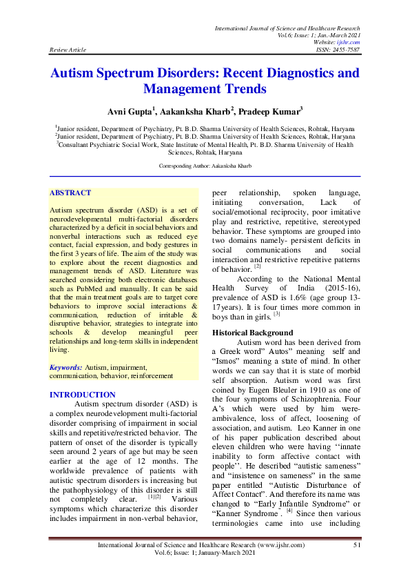 (PDF) Autism Spectrum Disorders: Recent Diagnostics and Management Trends