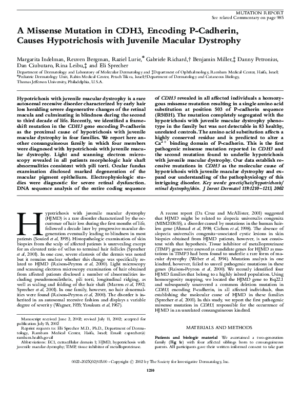 (PDF) A Missense Mutation in CDH3, Encoding P-Cadherin, Causes ...