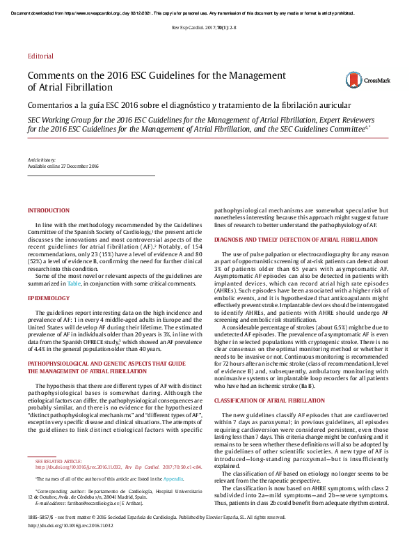 (PDF) Comments on the 2016 ESC Guidelines for the Management of Atrial ...