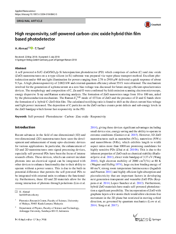 (PDF) High responsivity, selfpowered carbonzinc oxide hybrid thin film based photodetector