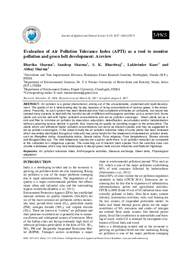 (PDF) Evaluation of Air Pollution Tolerance Index (APTI) as a tool to ...