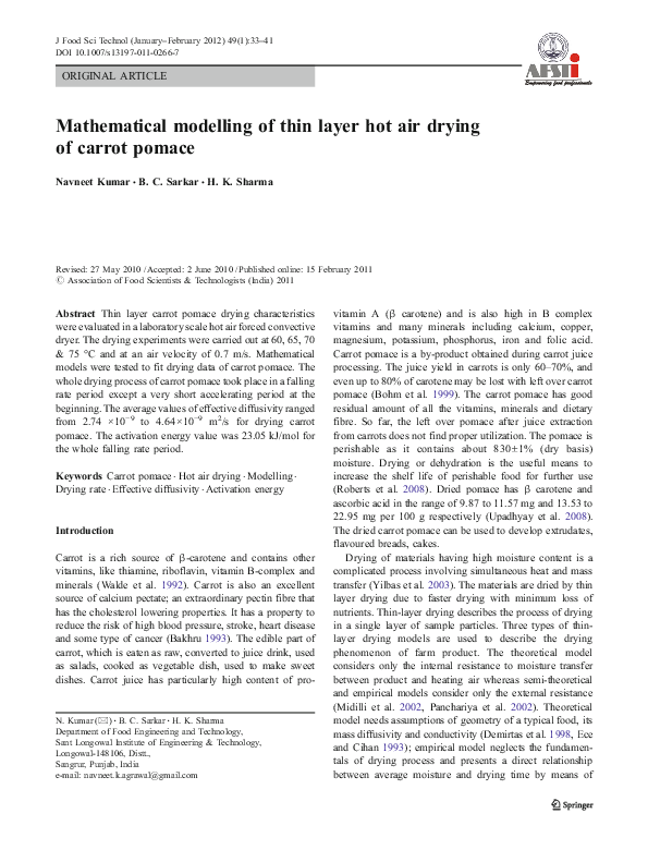 (PDF) Mathematical modelling of thin layer hot air drying of carrot pomace