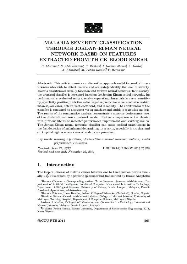 (PDF) Malaria Severity Classification Through Jordan-Elman Neural ...