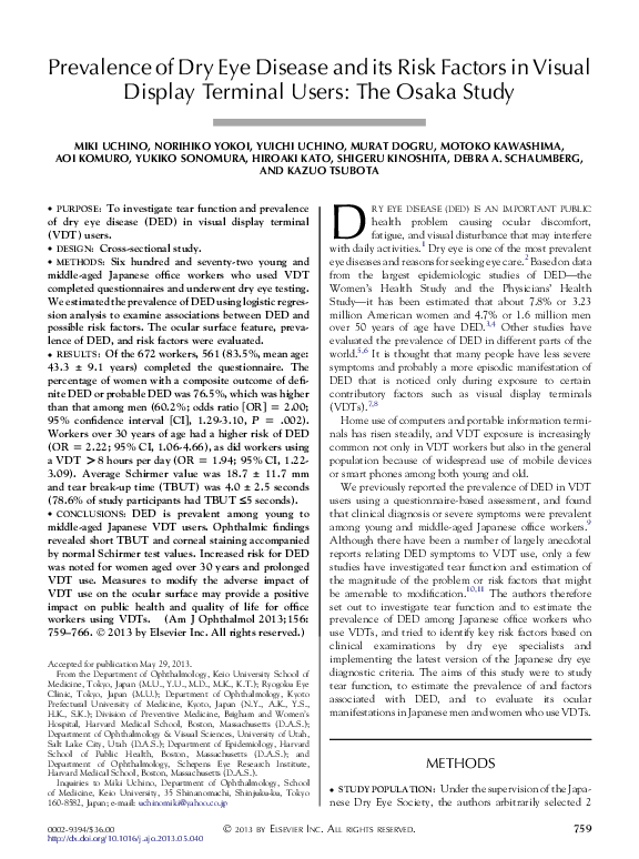 (PDF) Prevalence of Dry Eye Disease and its Risk Factors in Visual ...
