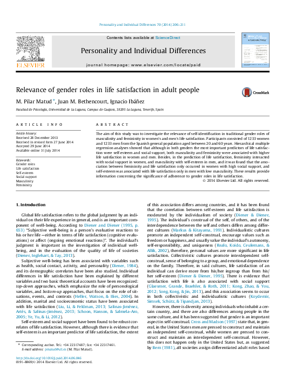 (PDF) Relevance of gender roles in life satisfaction in adult people