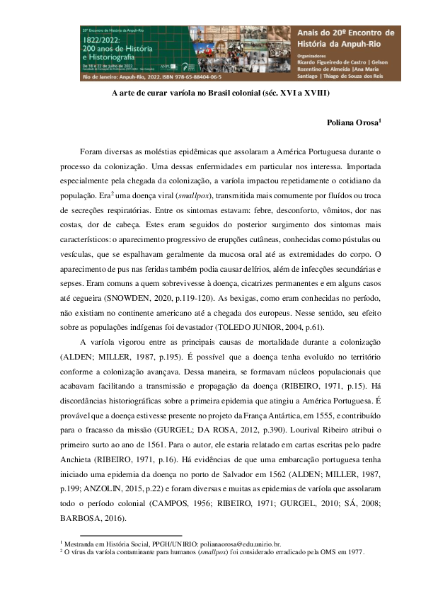 (PDF) A arte de curar varíola no Brasil colonial (séc. XVI a XVIII)