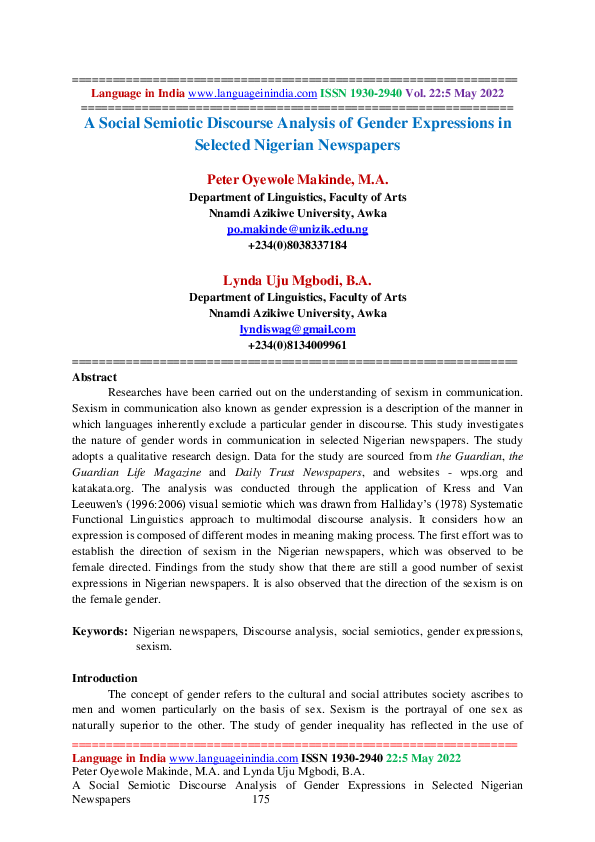 (PDF) A Social Semiotic Discourse Analysis of Gender Expressions in ...