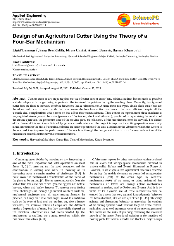 (PDF) Design of an Agricultural Cutter Using the Theory of a Four-Bar ...