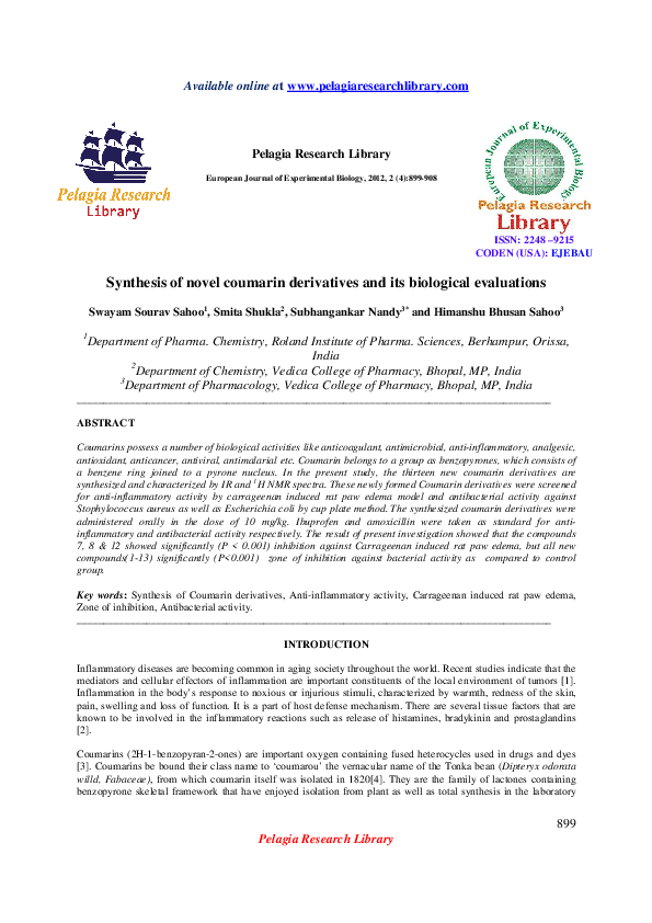(PDF) Synthesis of novel coumarin derivatives and its biological ...