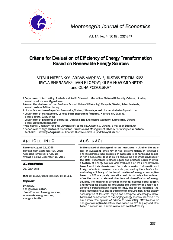 (PDF) Criteria for Evaluation of Efficiency of Energy Transformation ...