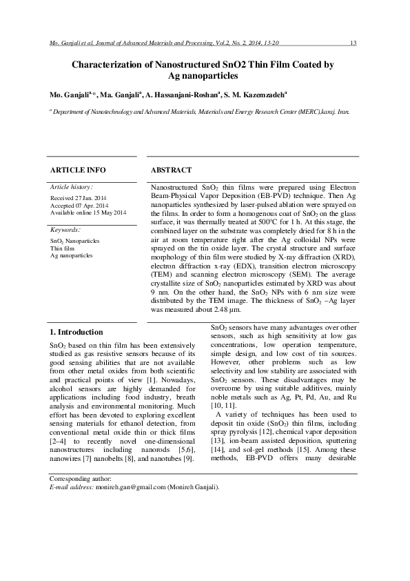 (PDF) Characterization of Nanostructured SNO2 Thin Film Coated by Ag ...