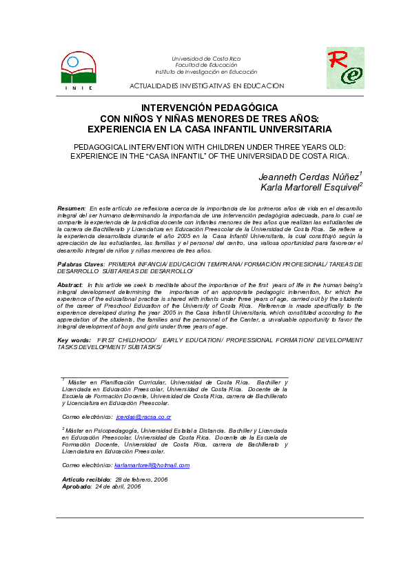 Intervención pedagógica con niños y niñas menores de tres años: experiencia en la casa infantil universitaria