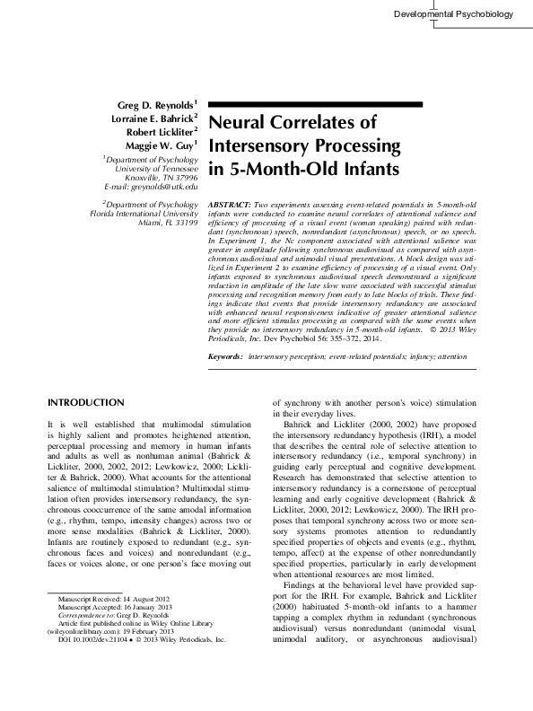 (PDF) Neural correlates of intersensory processing in 5-month-old infants