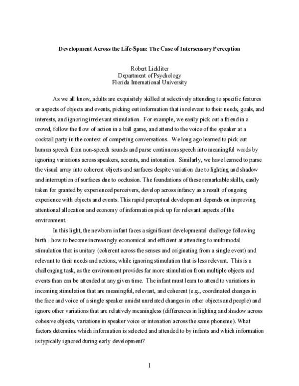 (PDF) Development Across the Life-Span: The Case of Intersensory Perception