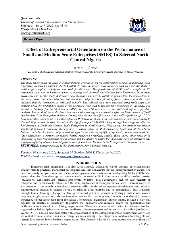 (PDF) Effect of Entrepreneurial Orientation on the Performance of Small ...