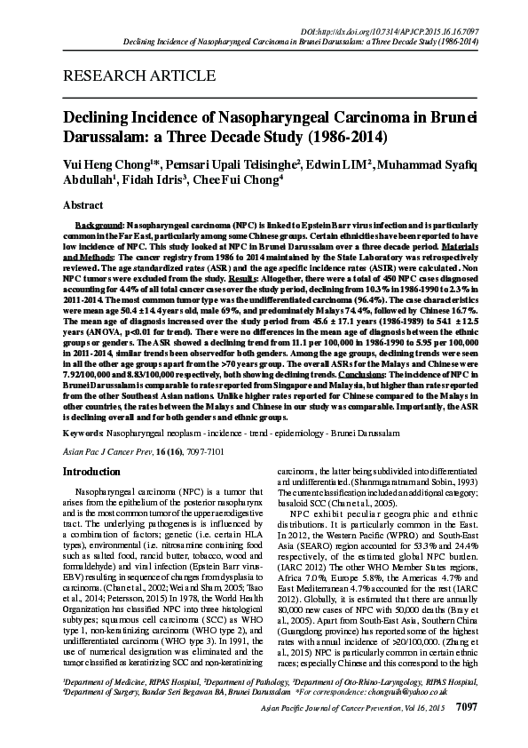(PDF) Declining Incidence of Nasopharyngeal Carcinoma in Brunei ...